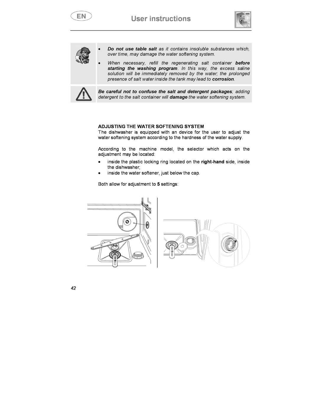 Smeg DWD409SS, DWD409WH instruction manual Adjusting The Water Softening System, User instructions 