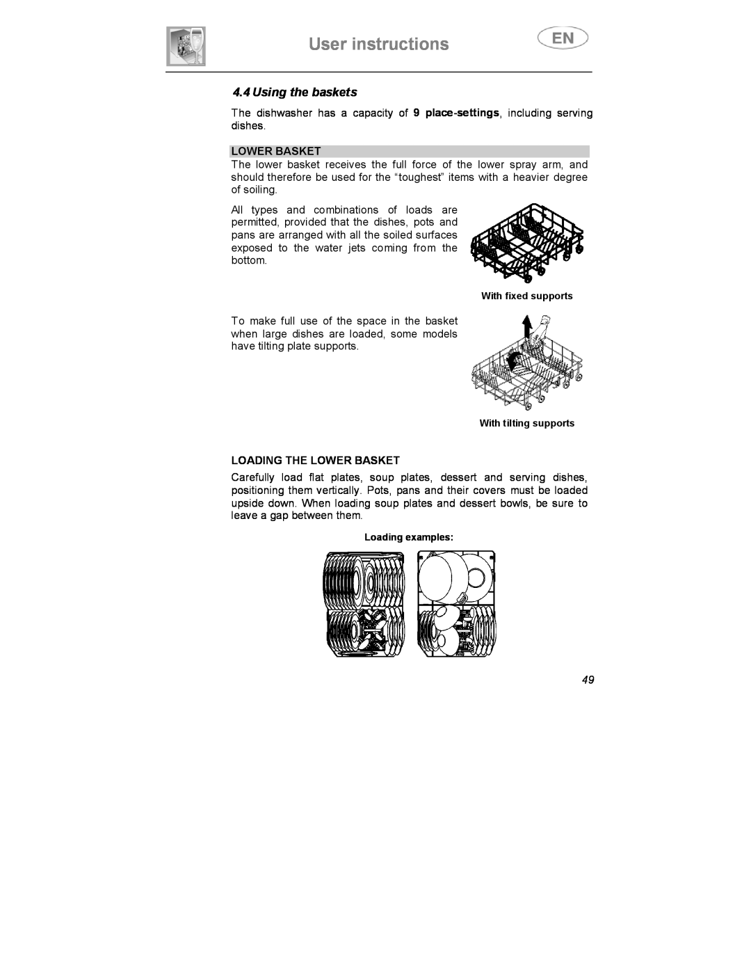 Smeg DWD409WH, DWD409SS instruction manual Using the baskets, Loading The Lower Basket, User instructions 