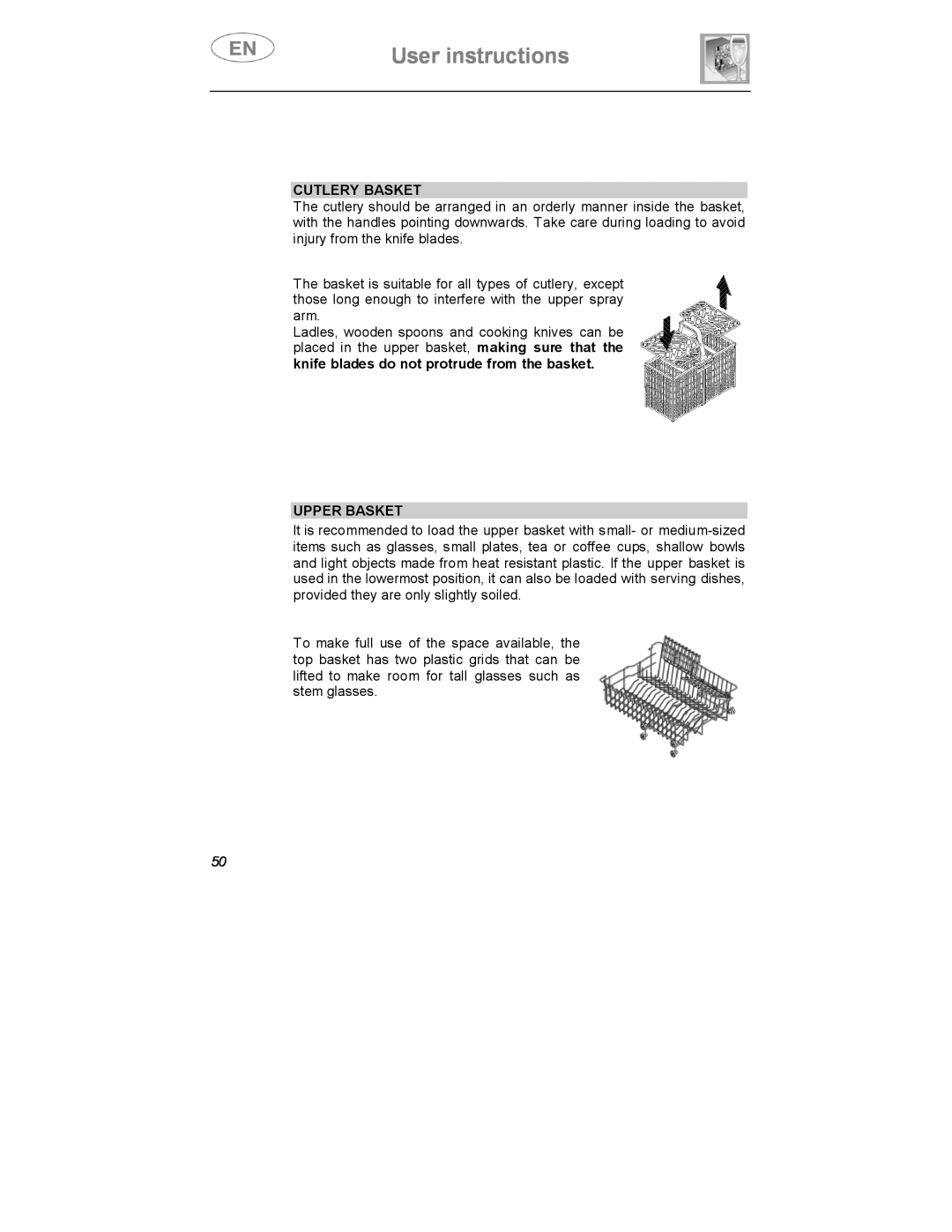 Smeg DWD409SS, DWD409WH instruction manual Cutlery Basket, Upper Basket, User instructions 