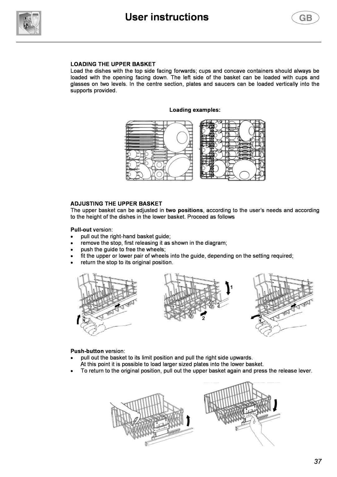 Smeg DWD63BLE User instructions, Loading The Upper Basket, Loading examples ADJUSTING THE UPPER BASKET, Pull-out version 