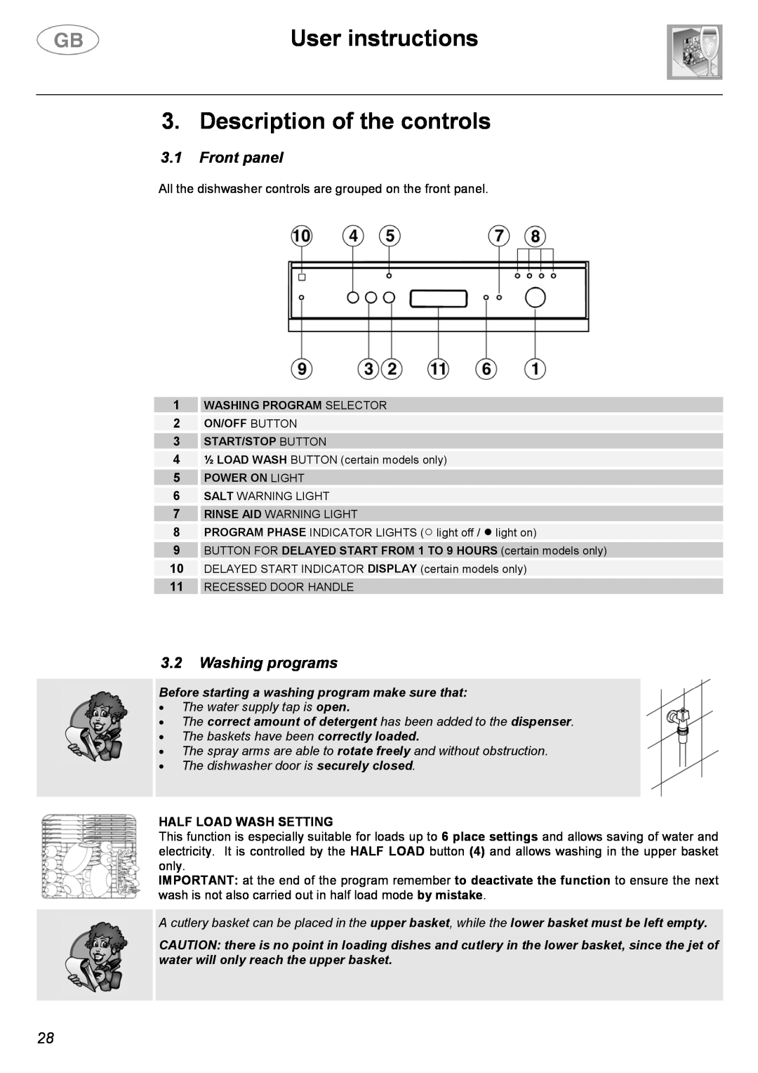 Smeg DWD63SSE, DWD63BLE User instructions 3. Description of the controls, 3.1Front panel, 3.2Washing programs 