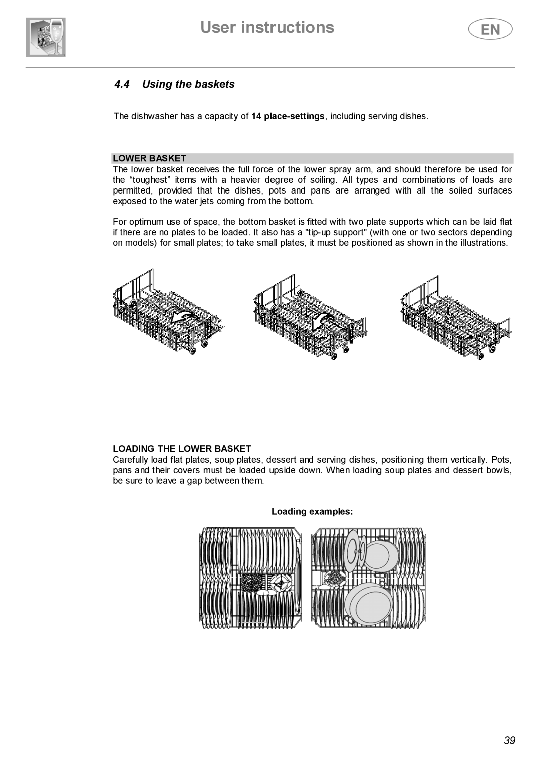 Smeg DWF614SS, DWF614WH manual Using the baskets, Loading the Lower Basket 