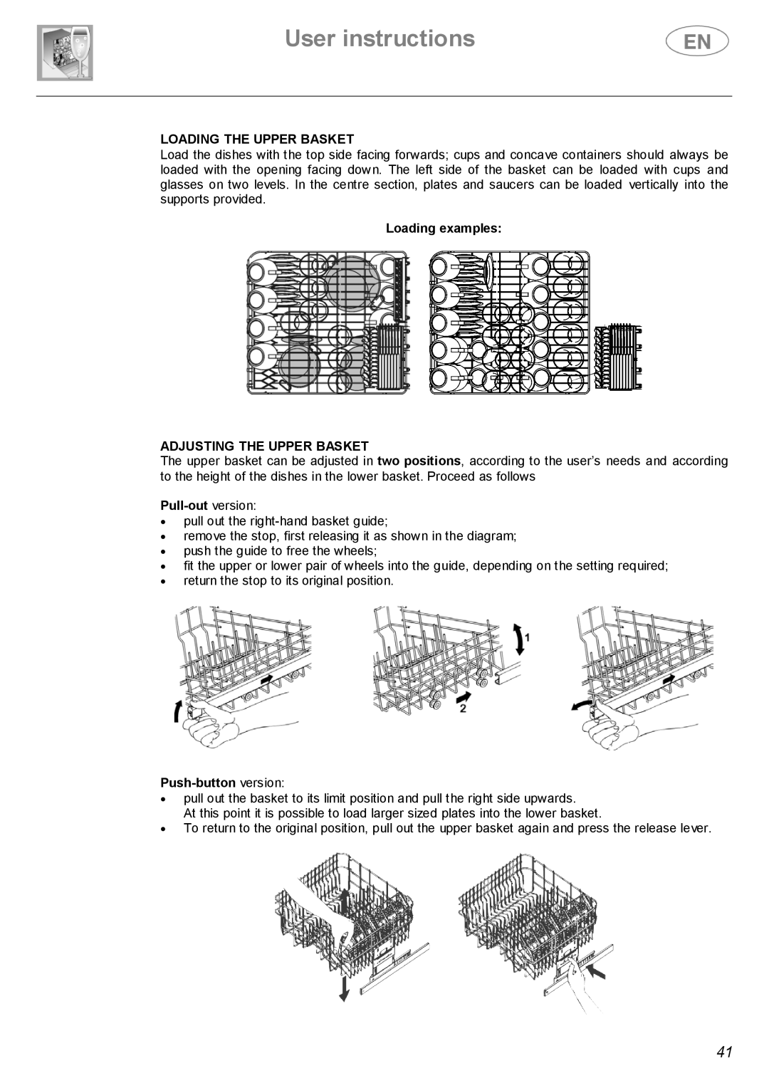 Smeg DWF614SS, DWF614WH manual Loading the Upper Basket, Adjusting the Upper Basket 