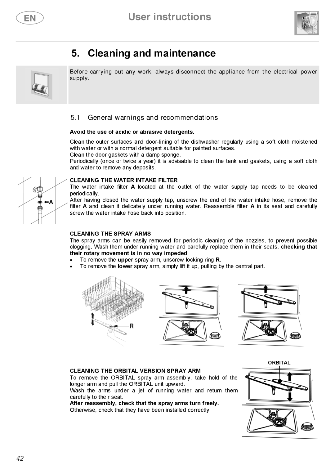 Smeg DWF614WH, DWF614SS manual Cleaning and maintenance, Cleaning the Water Intake Filter, Cleaning the Spray Arms 