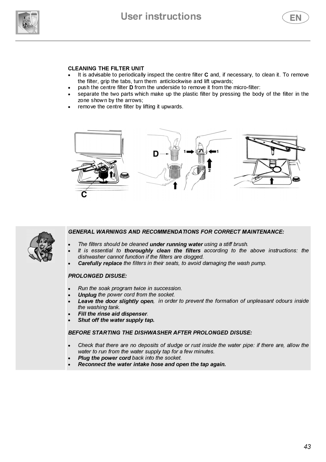 Smeg DWF614SS, DWF614WH manual Cleaning the Filter Unit, Prolonged Disuse 