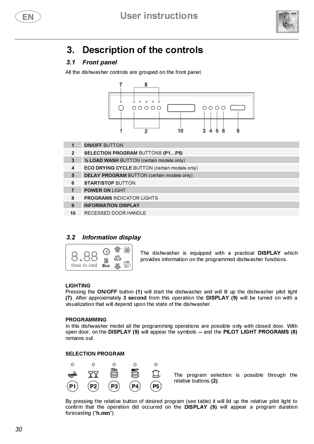 Smeg DWF614SS, DWF614WH manual Description of the controls, Front panel, Information display 