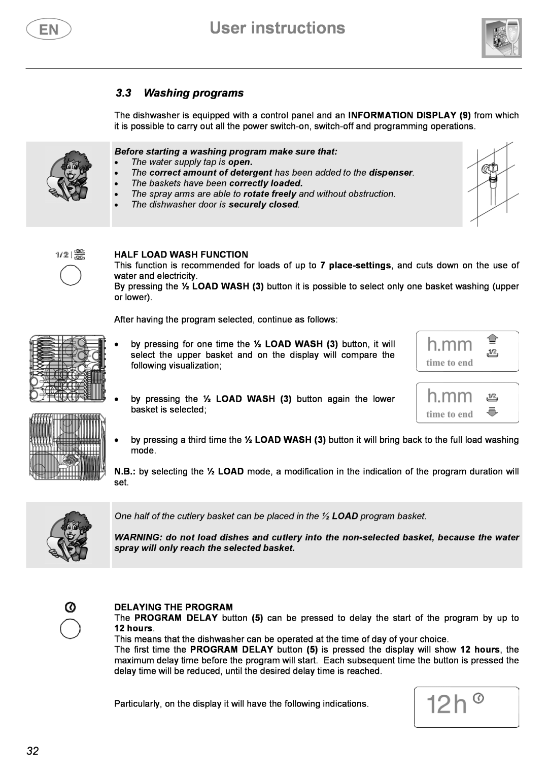 Smeg DWF614WH, DWF614SS manual User instructions, 3.3Washing programs, Before starting a washing program make sure that 