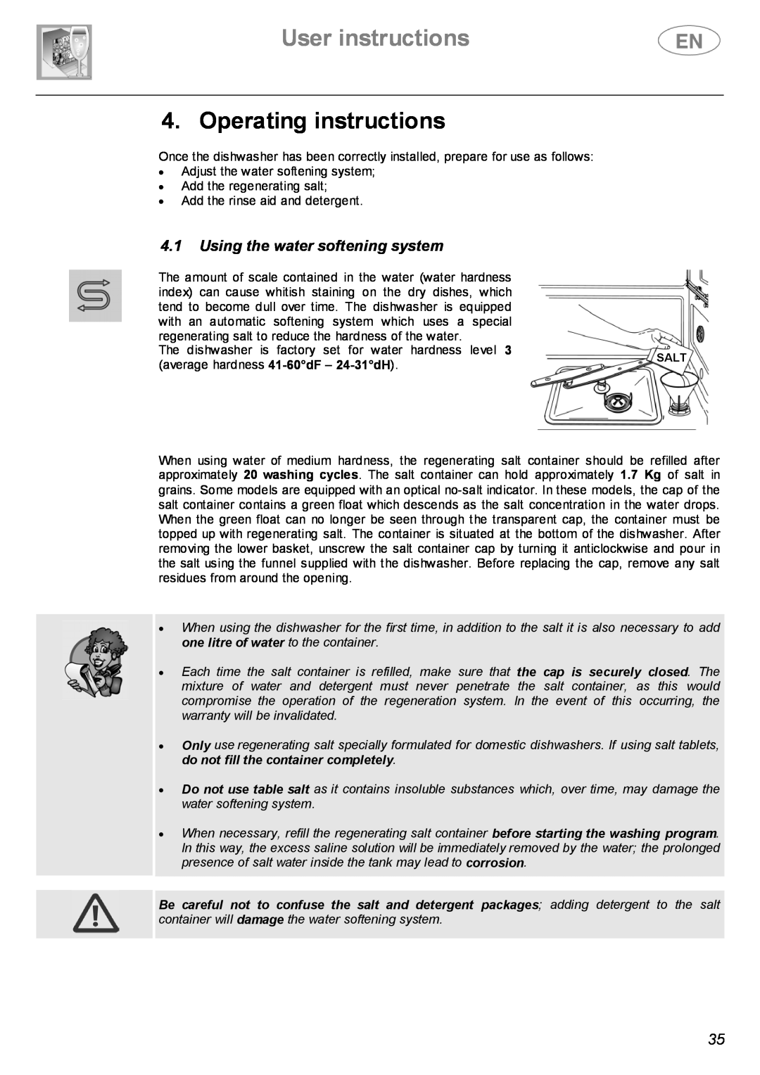 Smeg DWF614SS, DWF614WH manual Operating instructions, User instructions, Using the water softening system 
