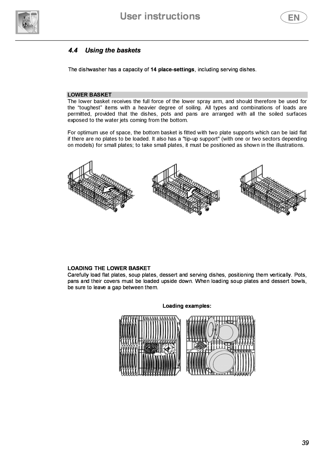 Smeg DWF614SS, DWF614WH manual User instructions, 4.4Using the baskets, Loading The Lower Basket, Loading examples 