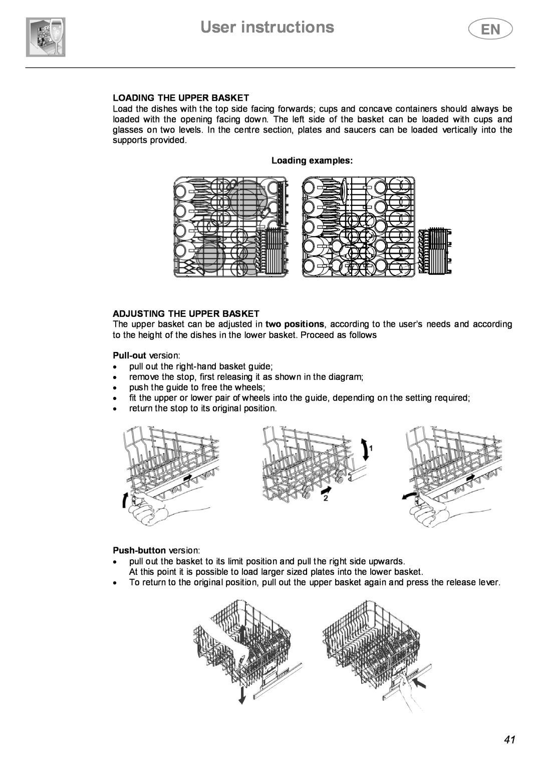 Smeg DWF614SS User instructions, Loading The Upper Basket, Loading examples ADJUSTING THE UPPER BASKET, Pull-out version 
