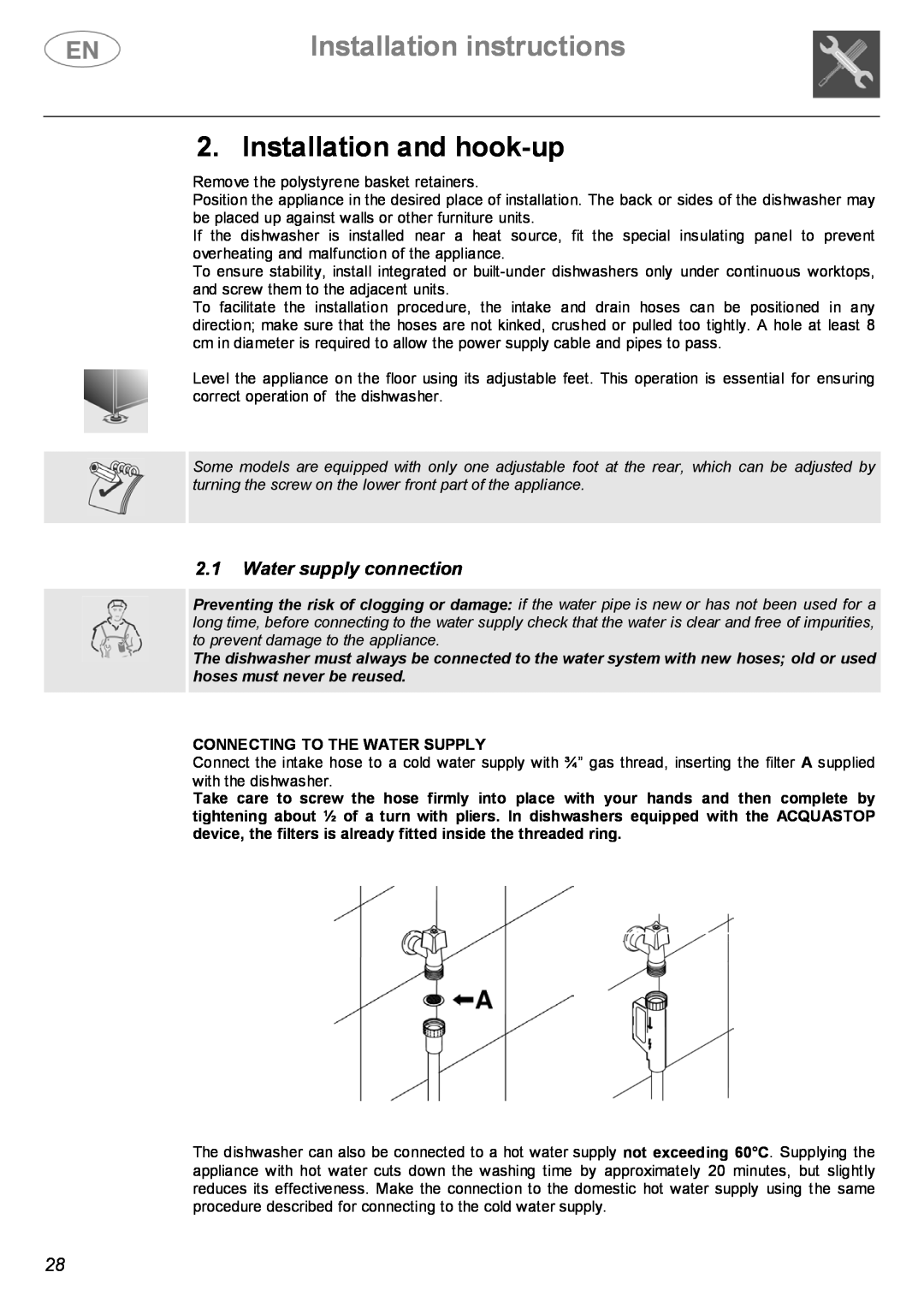 Smeg DWF614SS, DWF614WH manual Installation instructions, Installation and hook-up, 2.1Water supply connection 