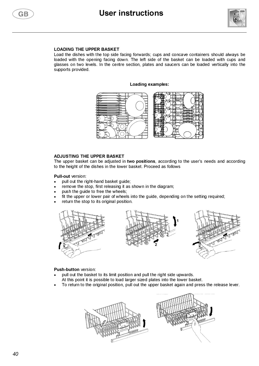 Smeg DWF66WH, DWF66SS instruction manual Loading the Upper Basket, Adjusting the Upper Basket 