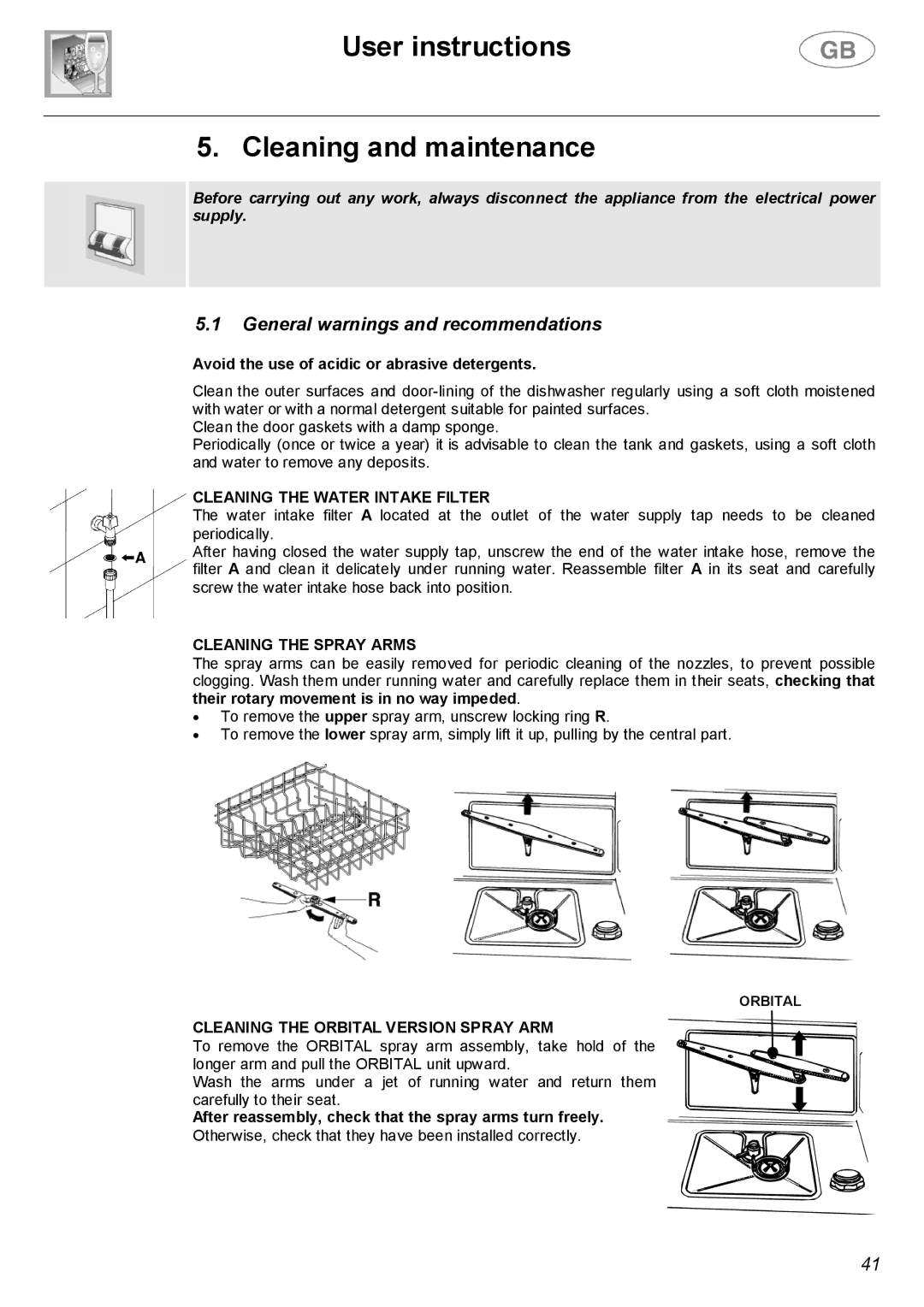 Smeg DWF66SS User instructions Cleaning and maintenance, Cleaning the Water Intake Filter, Cleaning the Spray Arms 