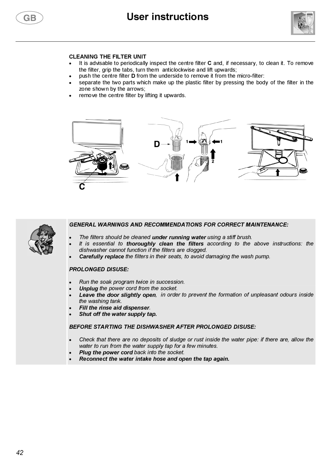 Smeg DWF66WH, DWF66SS instruction manual Cleaning the Filter Unit, Prolonged Disuse 