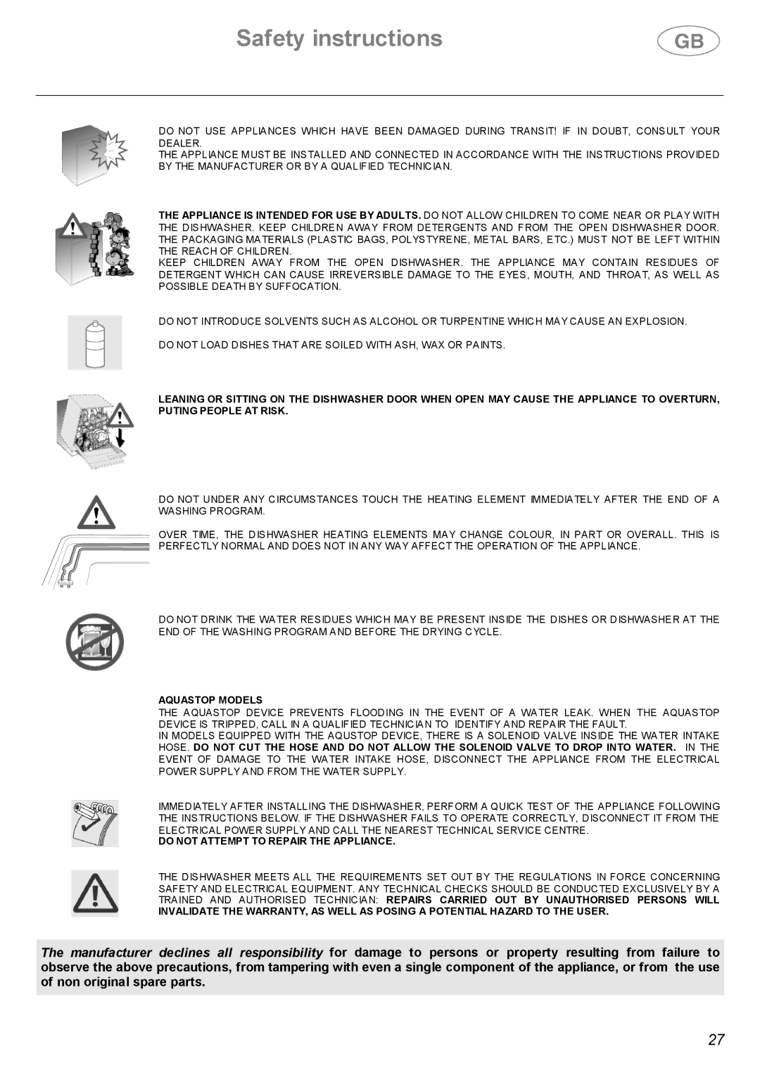 Smeg DWF66SS, DWF66WH instruction manual Aquastop Models 