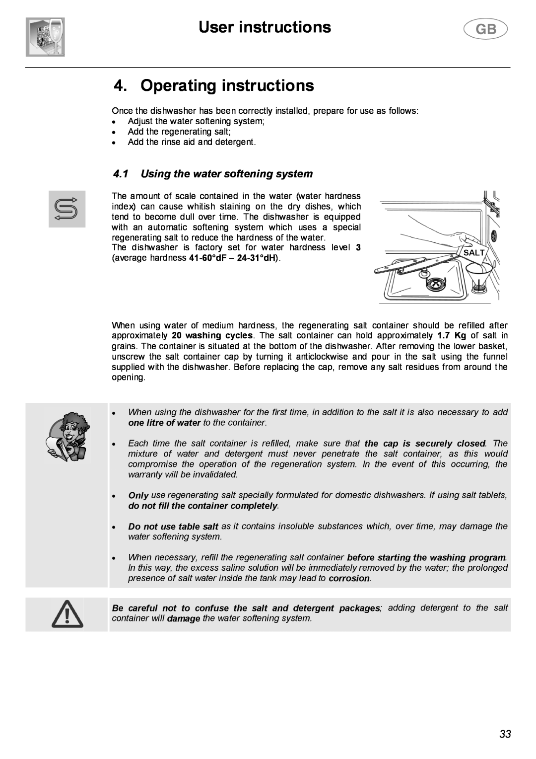 Smeg DWF66SS, DWF66WH instruction manual User instructions 4. Operating instructions, Using the water softening system 