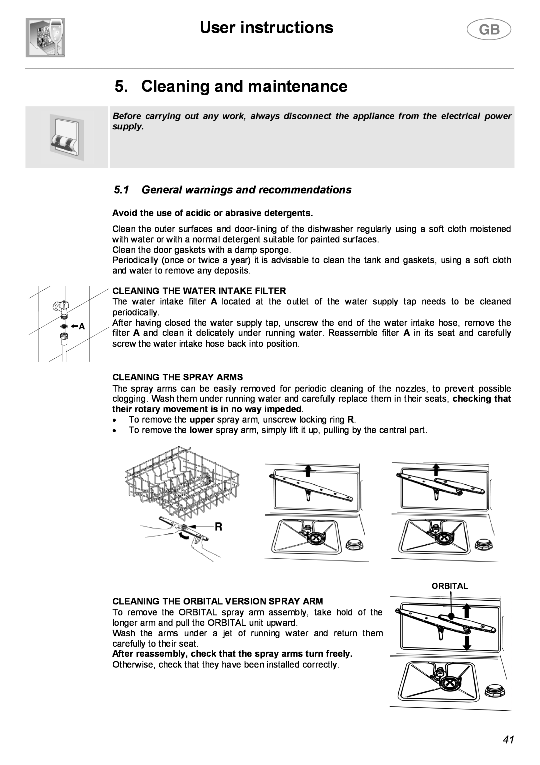 Smeg DWF66SS User instructions 5. Cleaning and maintenance, General warnings and recommendations, Cleaning The Spray Arms 