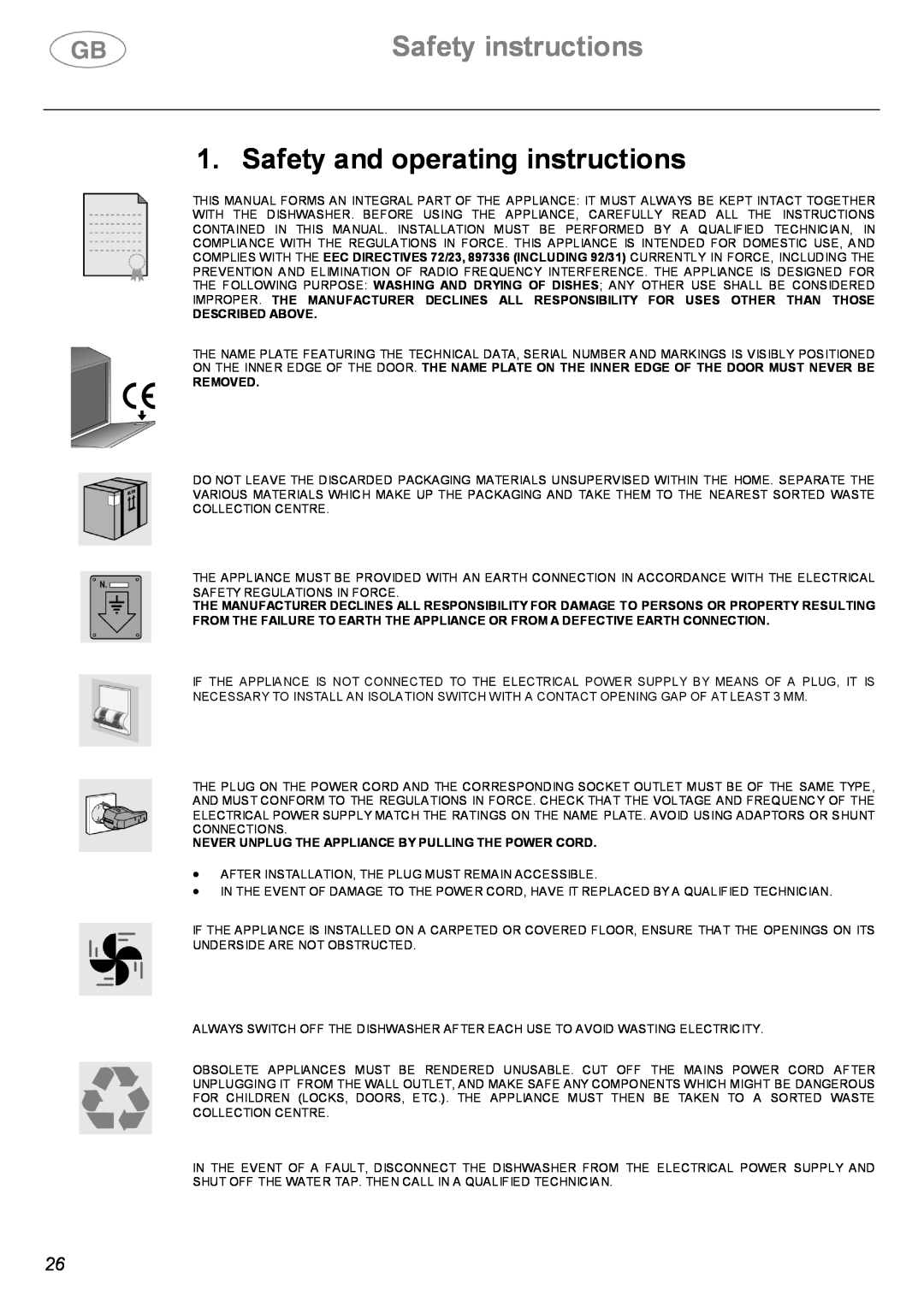Smeg DWF66WH, DWF66SS instruction manual Safety instructions, Safety and operating instructions, Described Above, Removed 