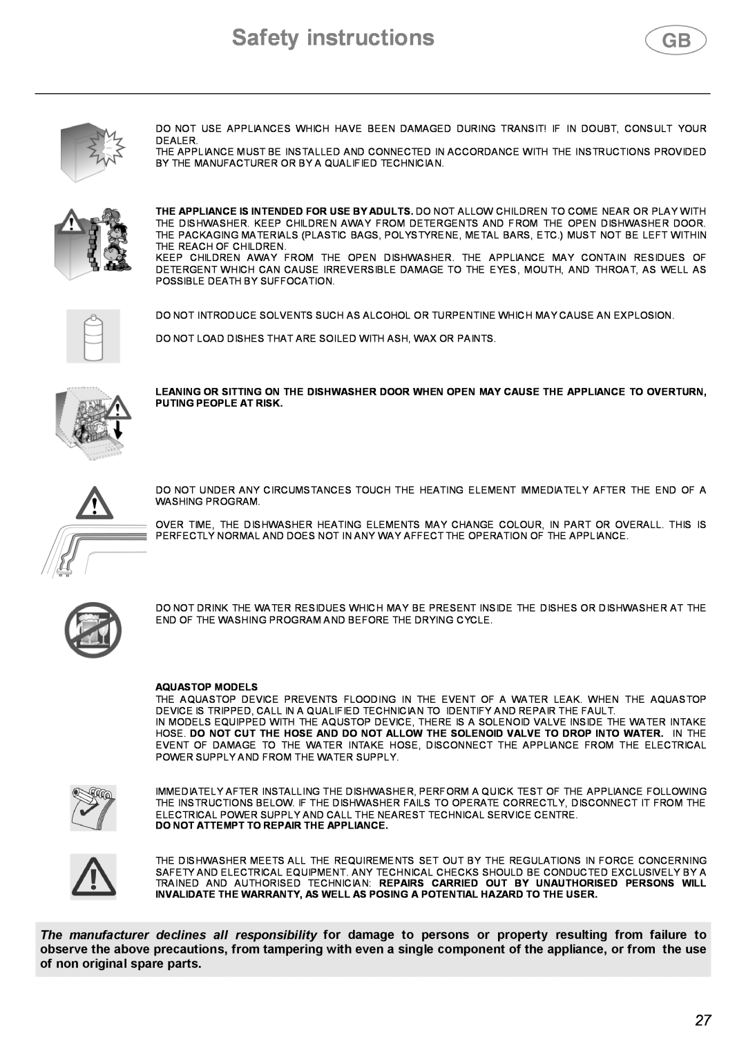 Smeg DWF66SS, DWF66WH instruction manual Safety instructions, Aquastop Models, Do Not Attempt To Repair The Appliance 