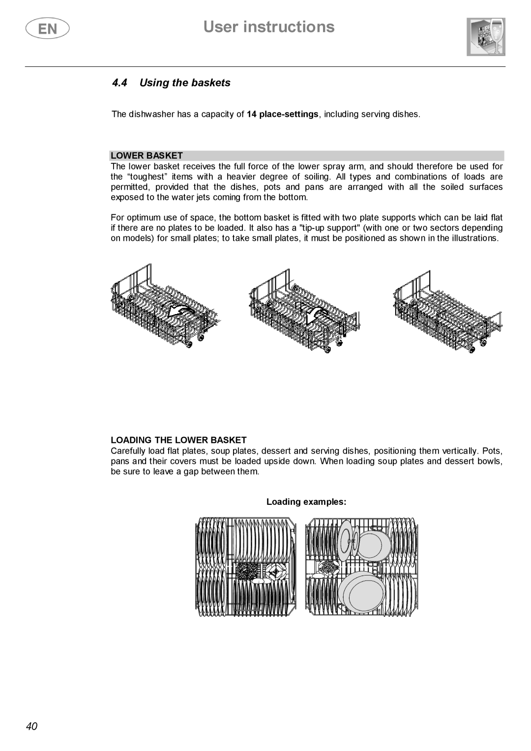 Smeg DWI614 manual Using the baskets, Loading the Lower Basket, Loading examples 