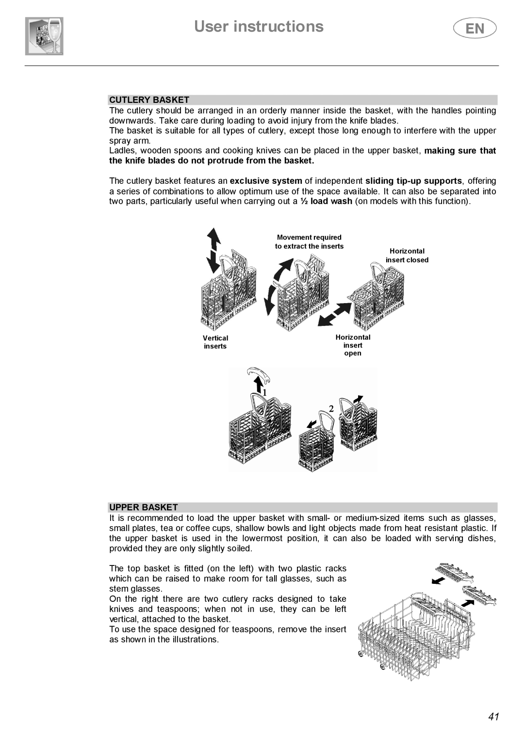 Smeg DWI614 manual Cutlery Basket, Upper Basket 