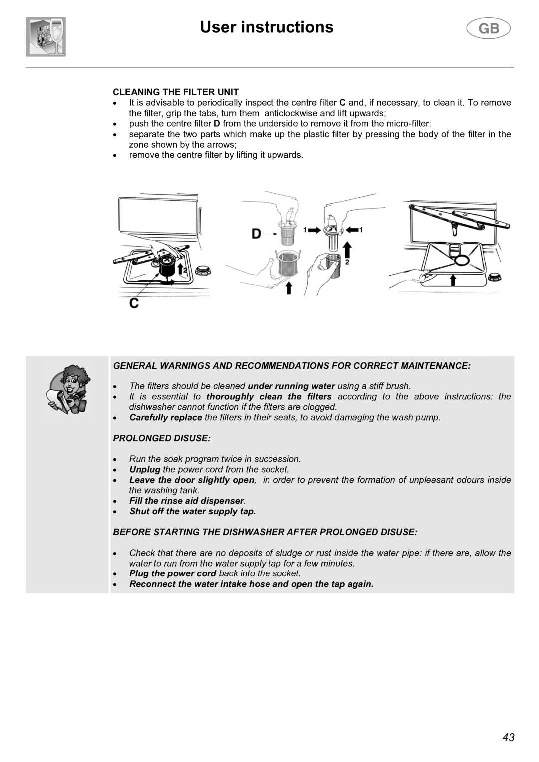 Smeg EL05 instruction manual Cleaning the Filter Unit, Prolonged Disuse 