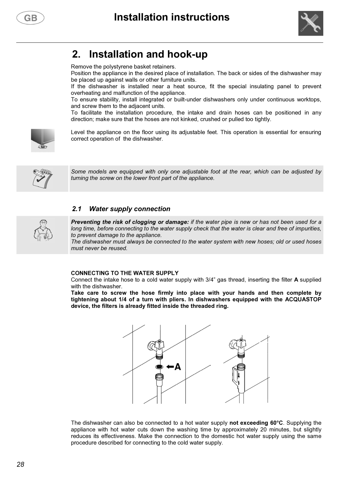 Smeg EL05 Installation instructions Installation and hook-up, Water supply connection, Connecting to the Water Supply 