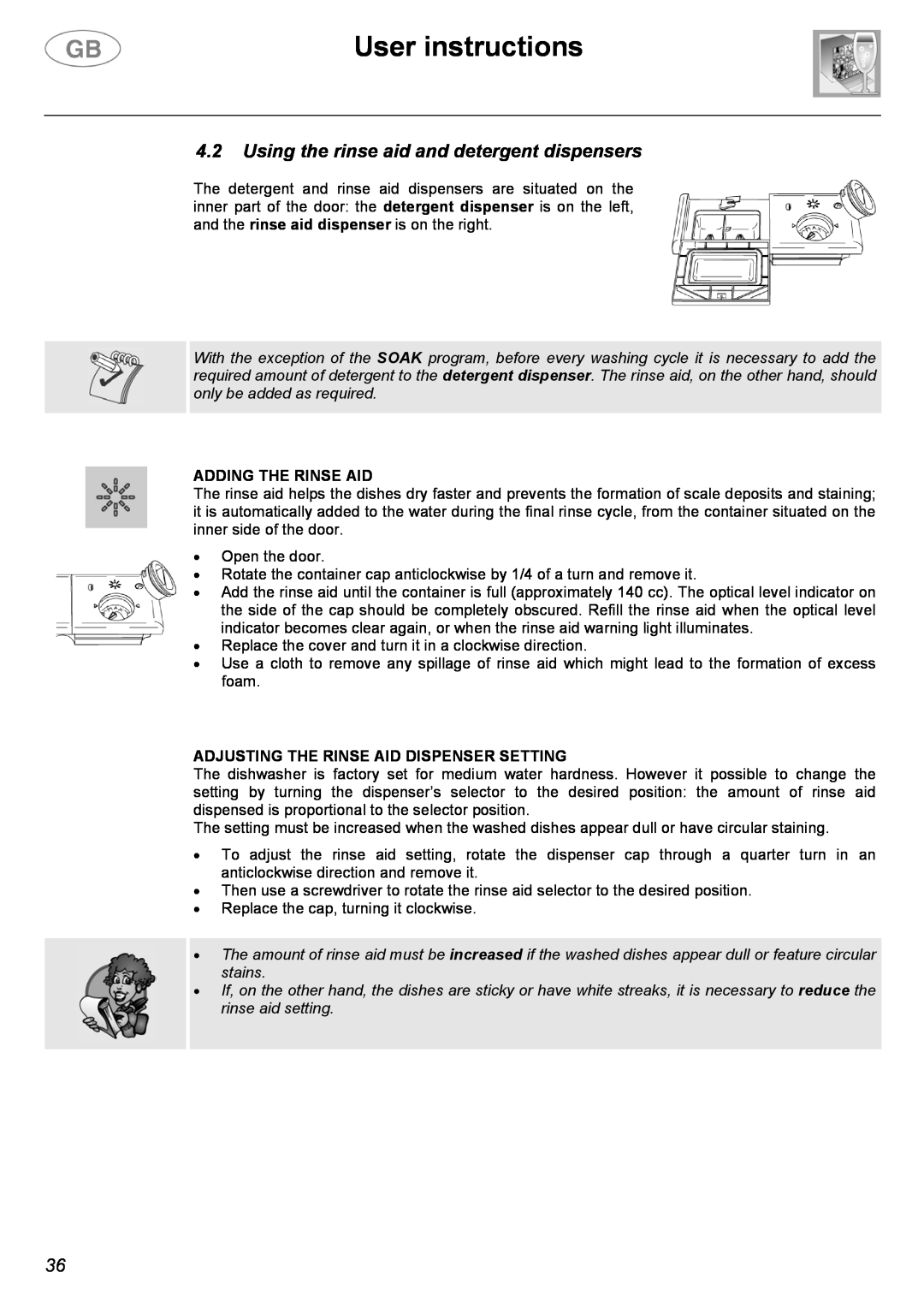 Smeg EL05 instruction manual User instructions, 4.2Using the rinse aid and detergent dispensers, Adding The Rinse Aid 