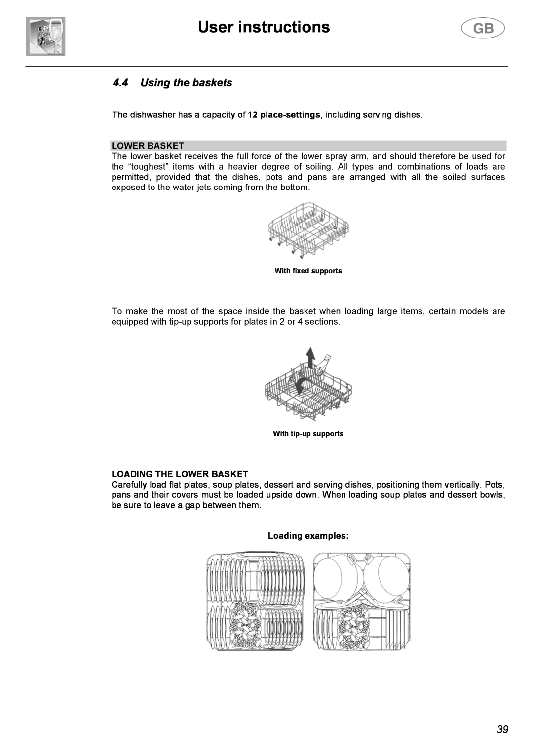 Smeg EL05 instruction manual User instructions, 4.4Using the baskets, Loading The Lower Basket, Loading examples 