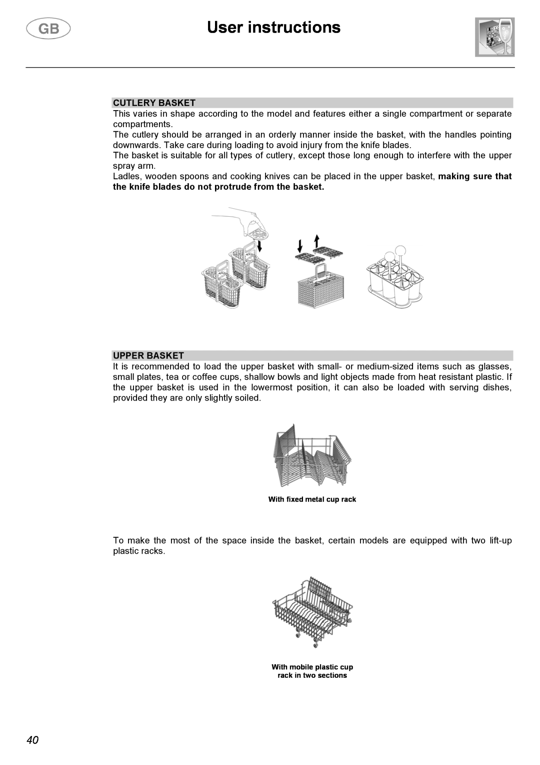 Smeg EL05 instruction manual User instructions, Cutlery Basket, Upper Basket, With fixed metal cup rack 