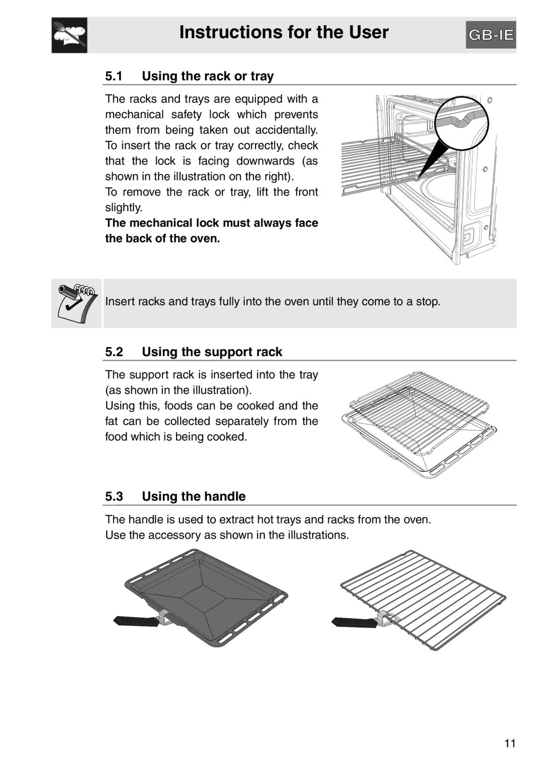 Smeg electric oven, SAP306X-9 installation instructions Using the rack or tray, Using the support rack, Using the handle 