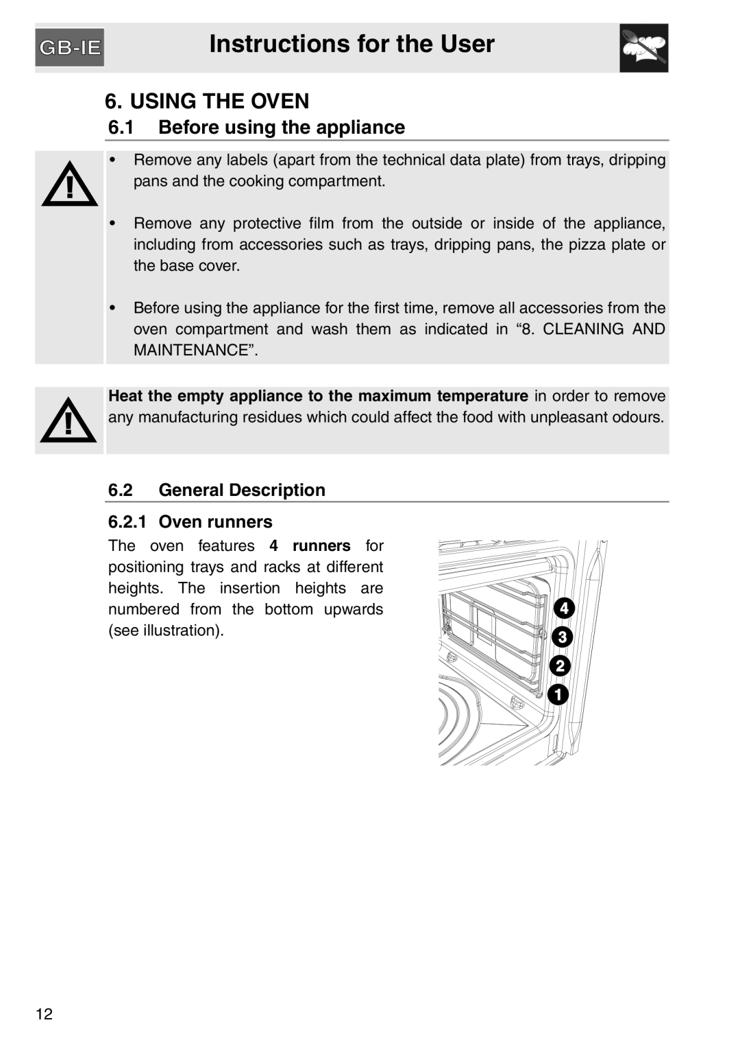 Smeg SAP306X-9, electric oven installation instructions Using the Oven, General Description Oven runners 