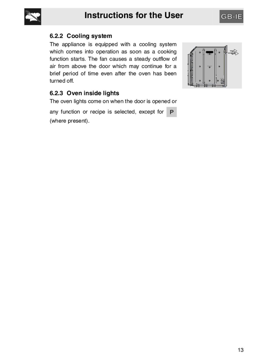 Smeg electric oven, SAP306X-9 installation instructions Cooling system, Oven inside lights 