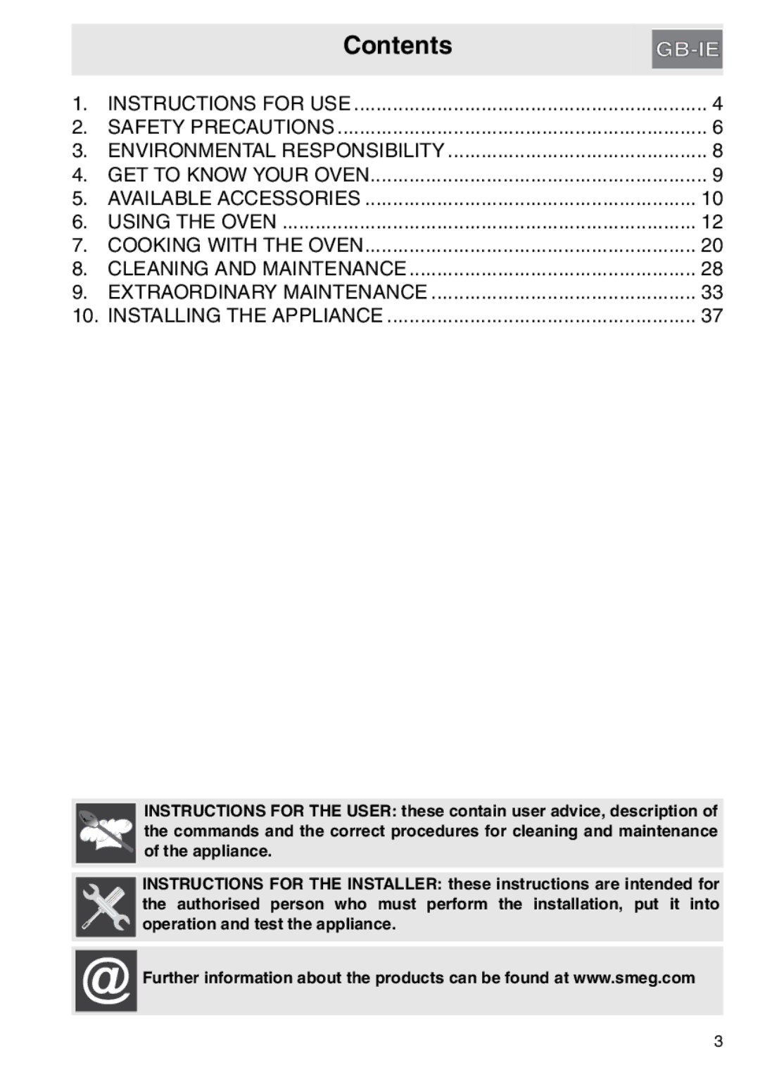 Smeg electric oven, SAP306X-9 installation instructions Contents 