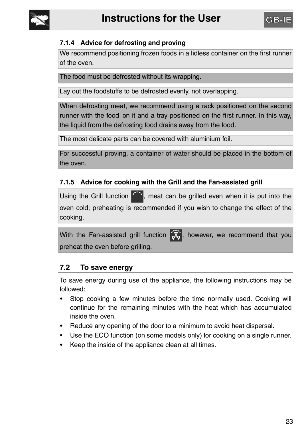 Smeg electric oven, SAP306X-9 installation instructions To save energy, Advice for defrosting and proving 