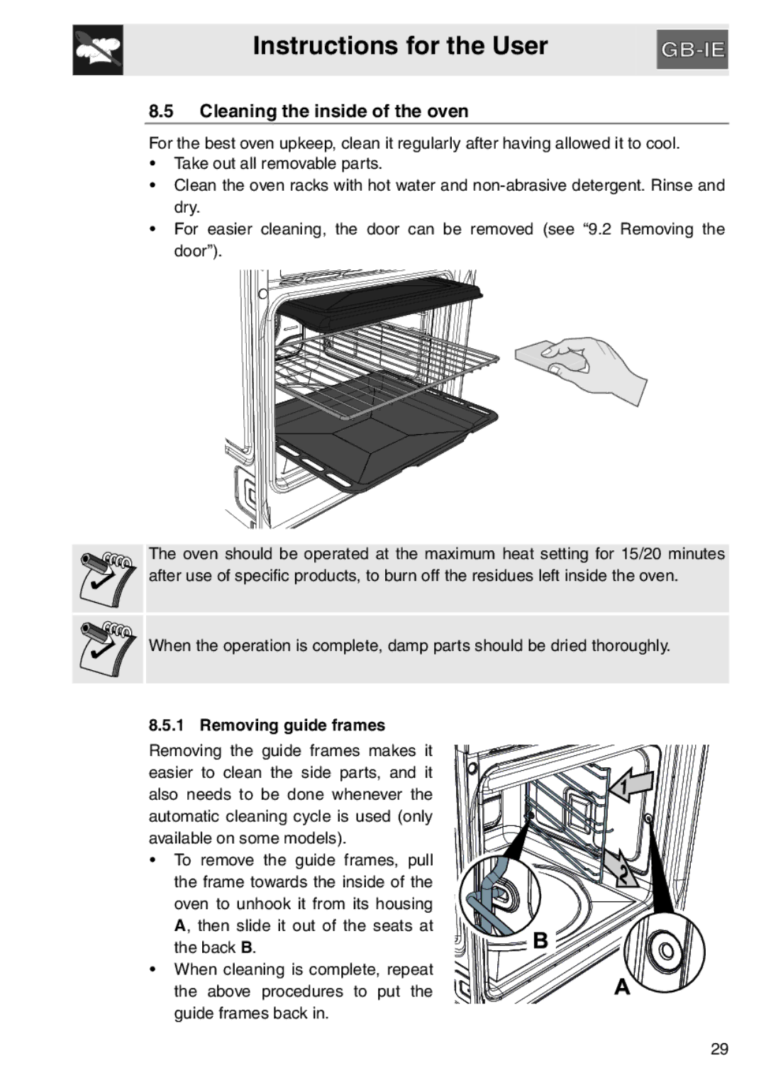 Smeg electric oven, SAP306X-9 installation instructions Cleaning the inside of the oven, Removing guide frames 