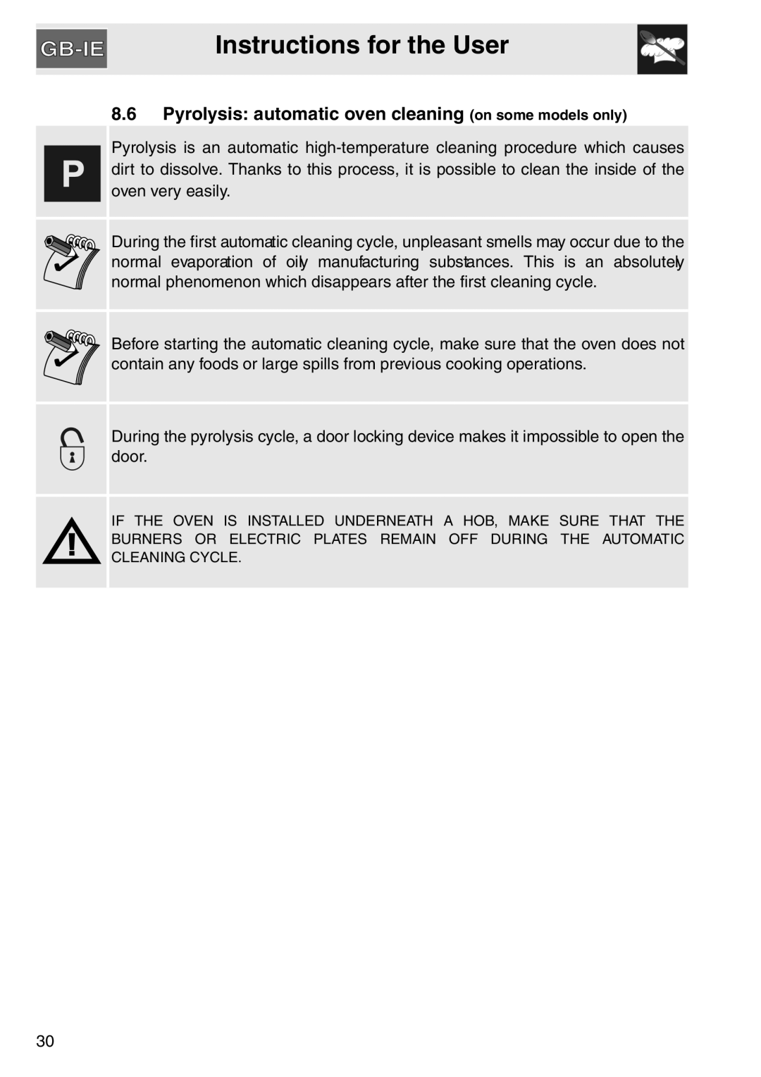 Smeg SAP306X-9, electric oven installation instructions Pyrolysis automatic oven cleaning on some models only 