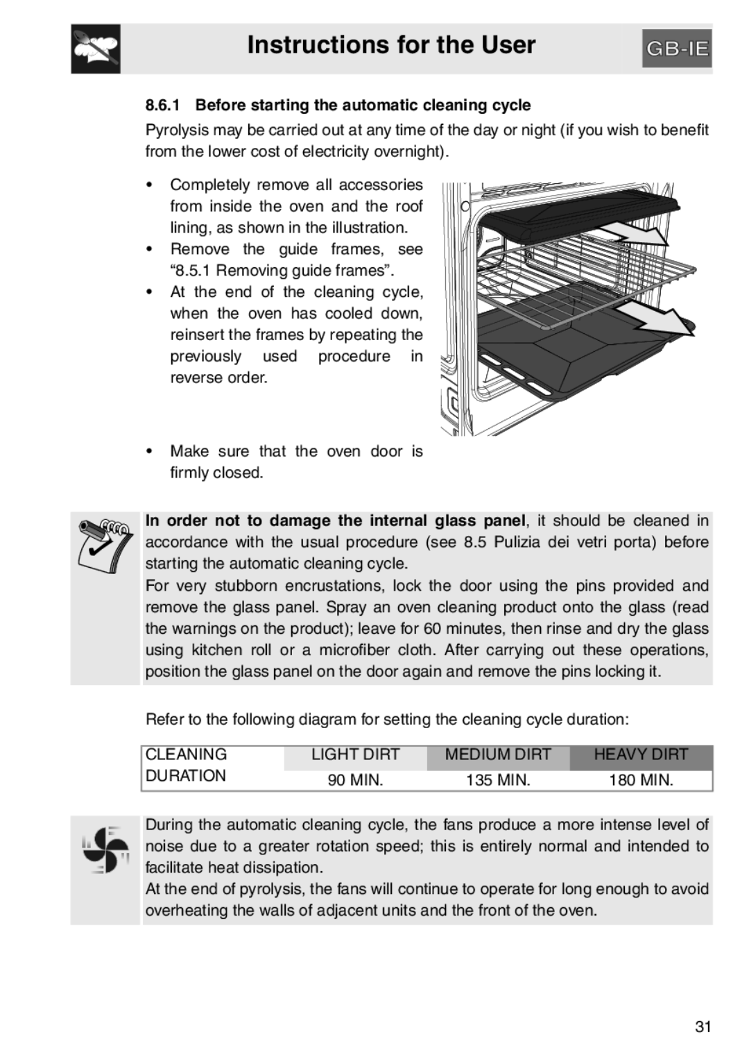 Smeg electric oven Before starting the automatic cleaning cycle, Cleaning Light Dirt Medium Dirt Heavy Dirt Duration 