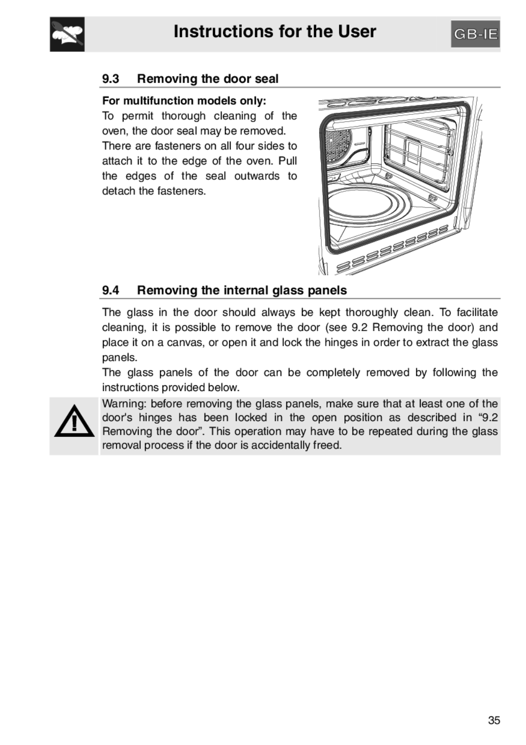 Smeg electric oven, SAP306X-9 Removing the door seal, Removing the internal glass panels, For multifunction models only 