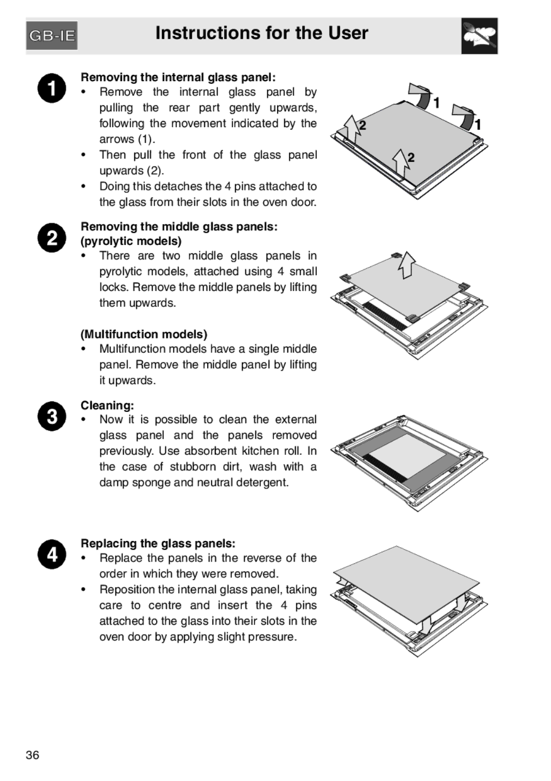 Smeg SAP306X-9 Removing the internal glass panel, Removing the middle glass panels pyrolytic models, Multifunction models 