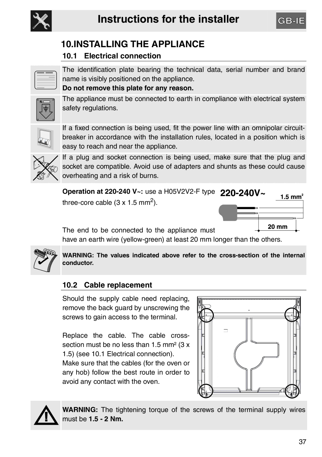 Smeg electric oven, SAP306X-9 installation instructions Installing the Appliance, Electrical connection, Cable replacement 