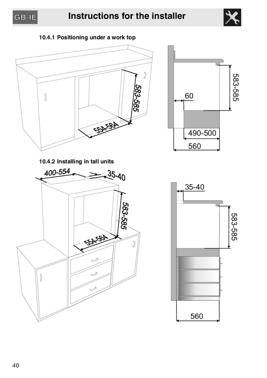 Smeg SAP306X-9, electric oven installation instructions Positioning under a work top, Installing in tall units 