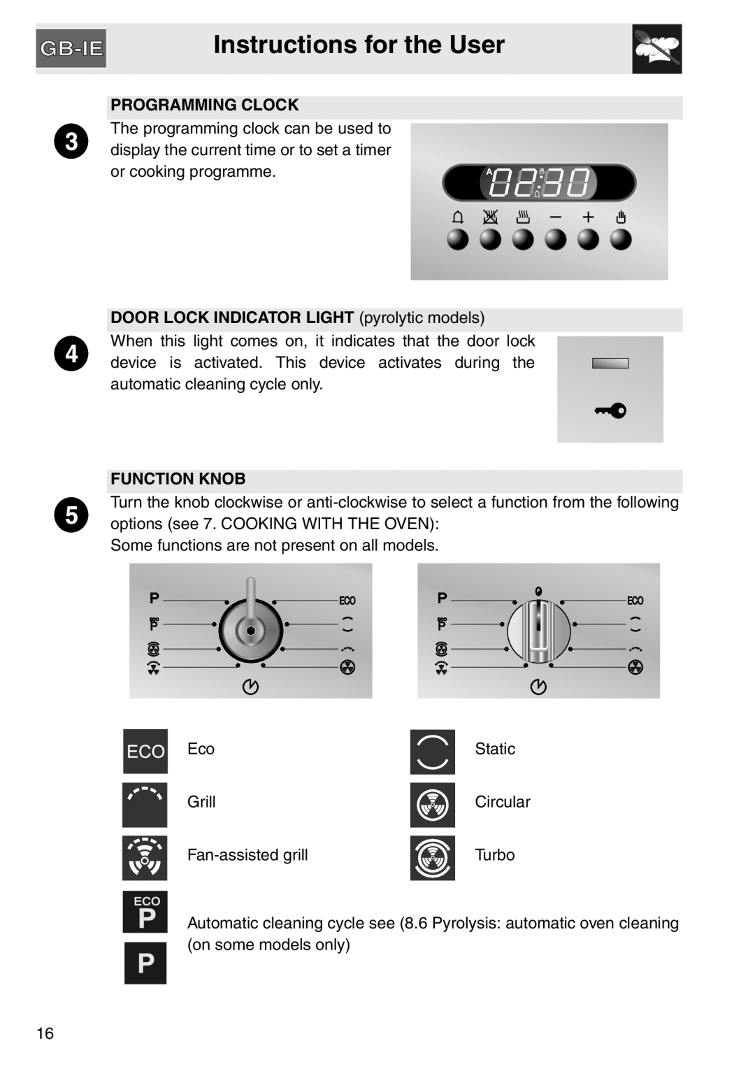 Smeg SAP306X-9, electric oven installation instructions Instructions for the User, Programming Clock, Function Knob 