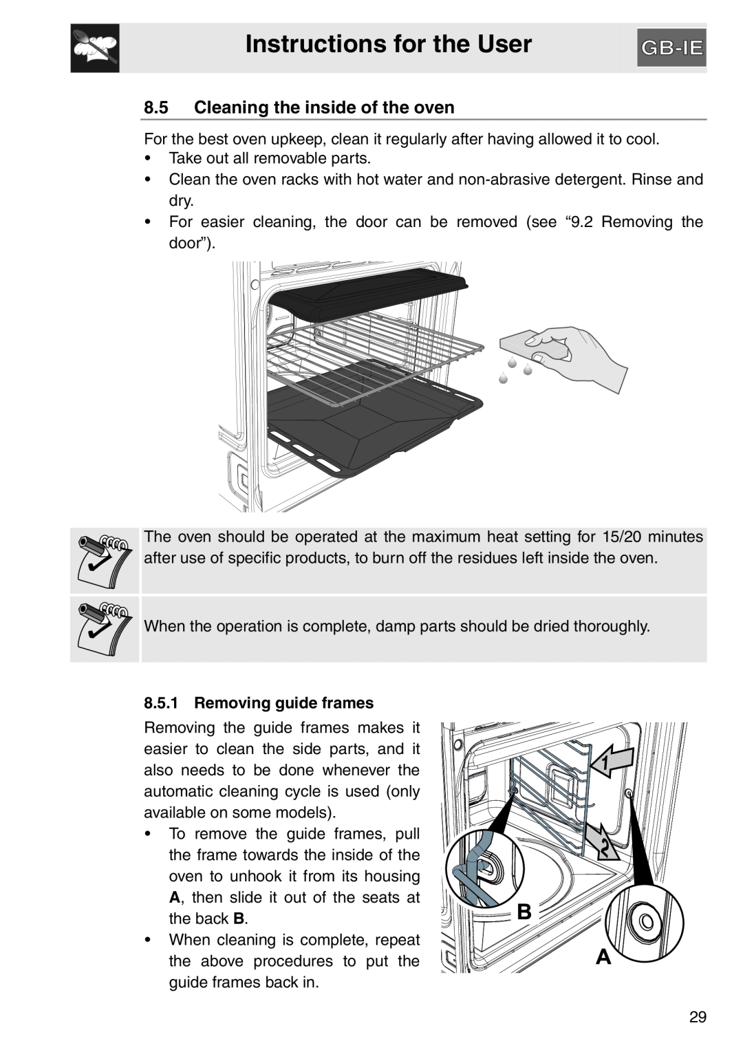 Smeg electric oven, SAP306X-9 Cleaning the inside of the oven, Instructions for the User, Removing guide frames 