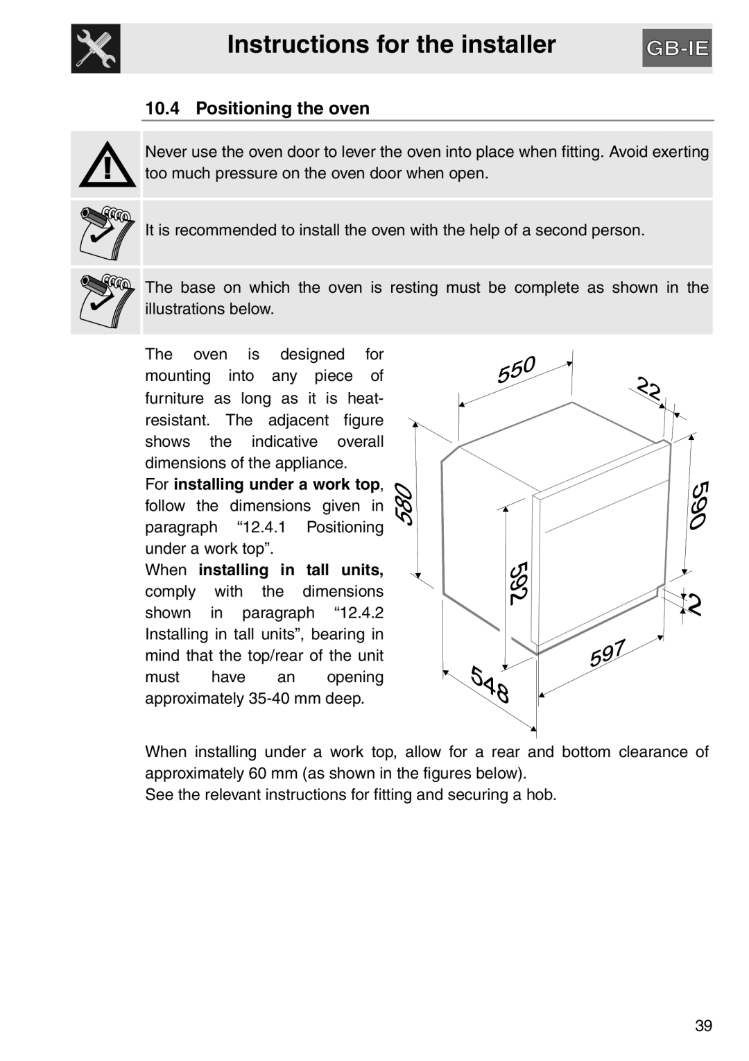 Smeg electric oven, SAP306X-9 installation instructions Positioning the oven, Instructions for the installer 