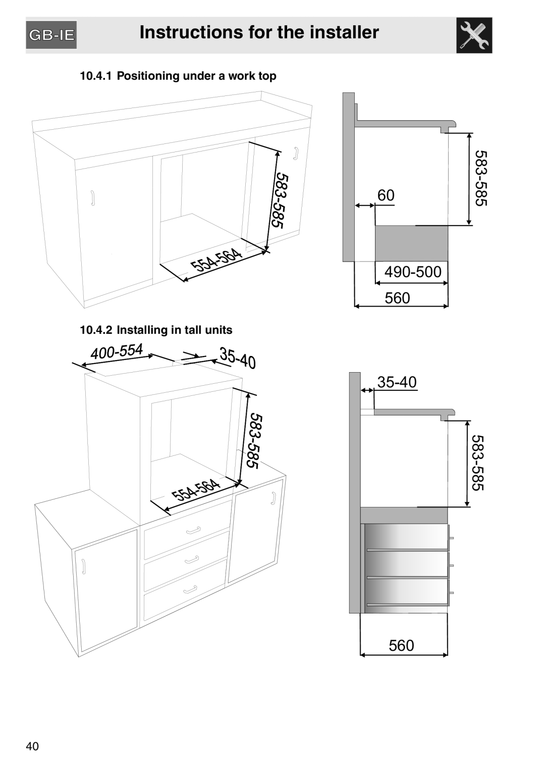 Smeg SAP306X-9, electric oven Instructions for the installer, 490-500, 35-40, 583-585, Positioning under a work top 