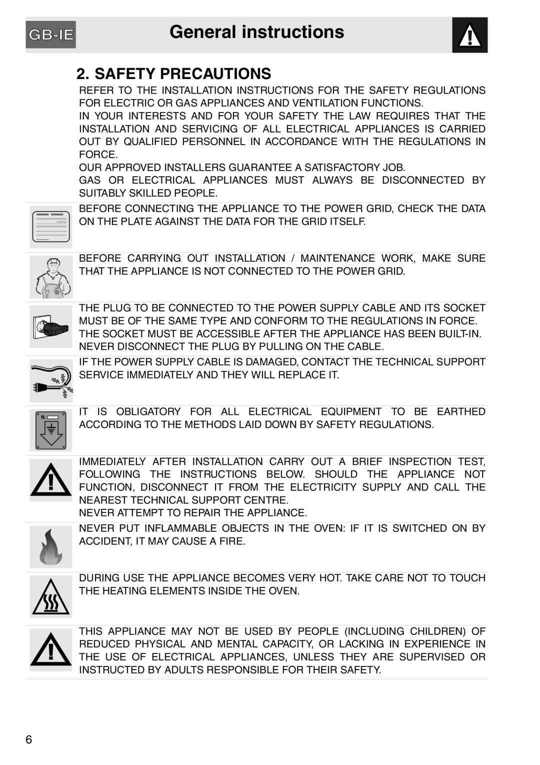 Smeg SAP306X-9, electric oven installation instructions Safety Precautions, General instructions 