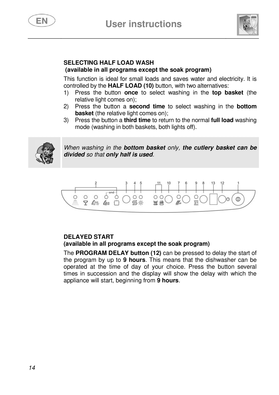 Smeg EN instruction manual Selecting Half Load Wash, Delayed Start 