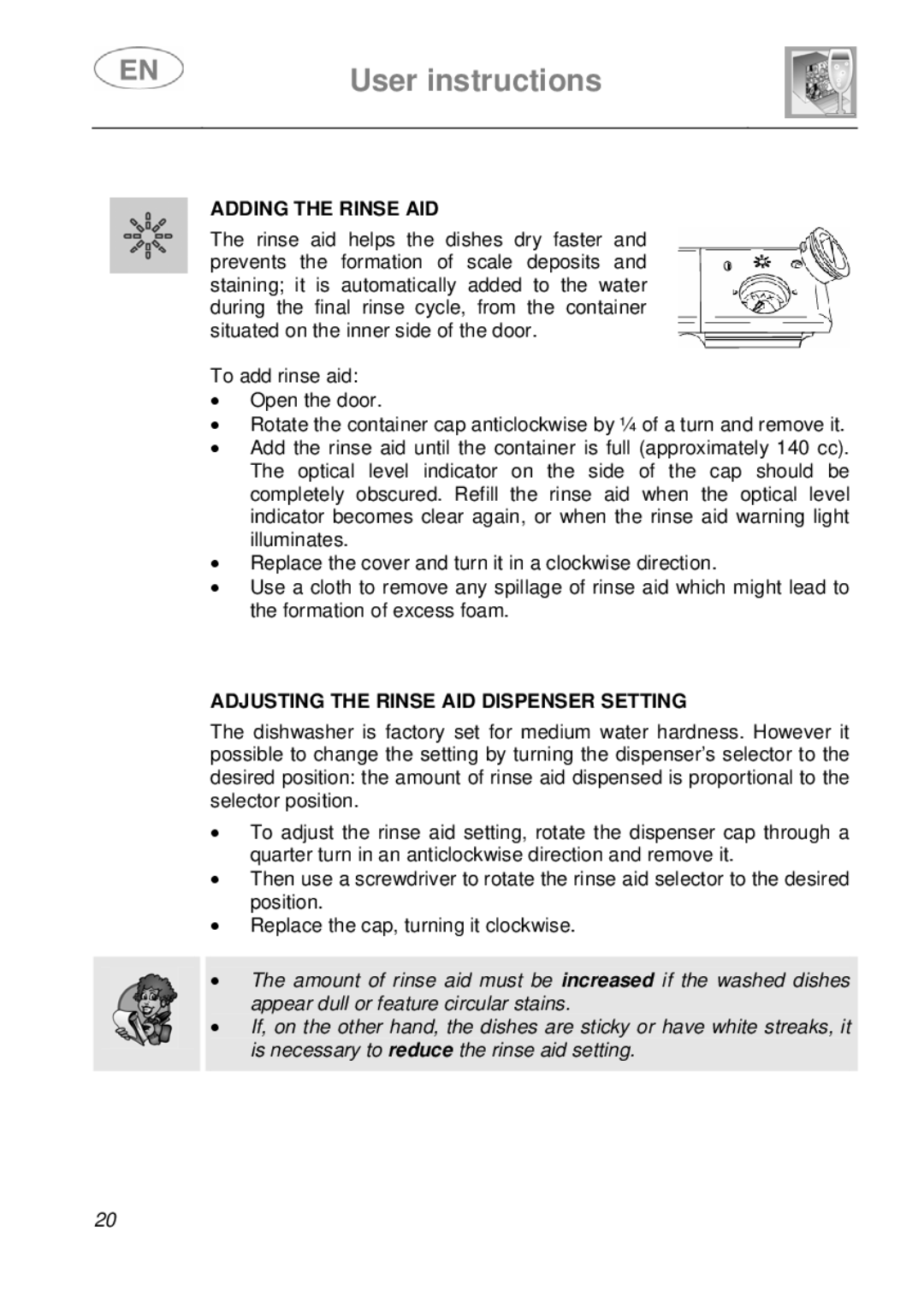 Smeg EN instruction manual Adding the Rinse AID, Adjusting the Rinse AID Dispenser Setting 