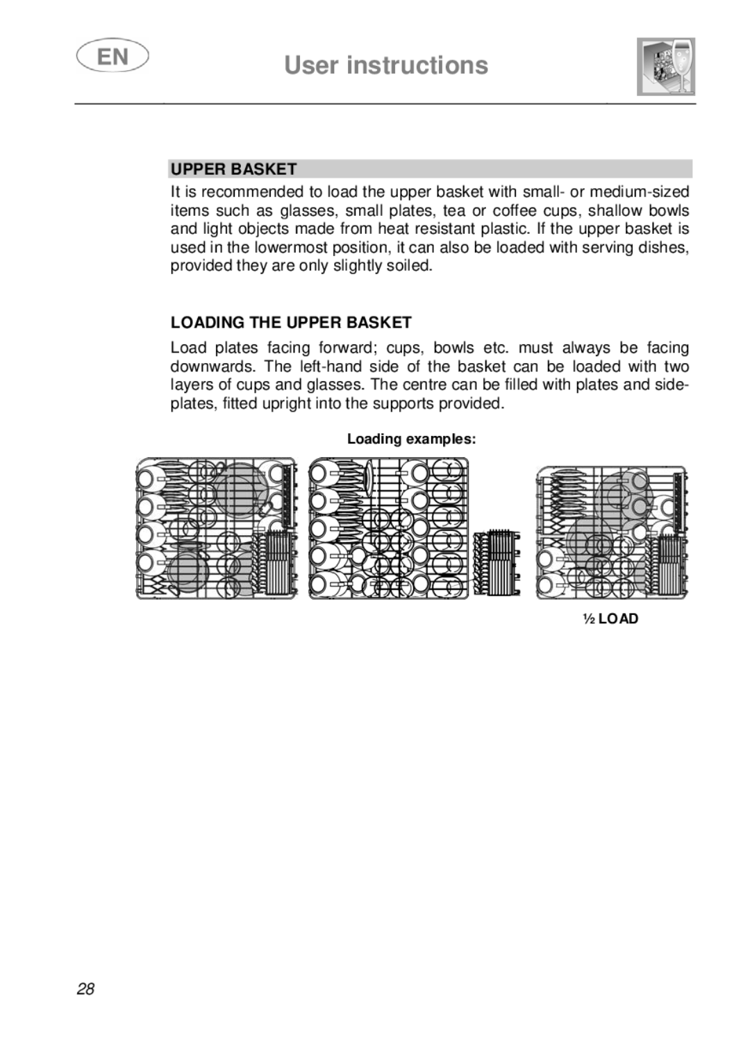 Smeg EN instruction manual Loading the Upper Basket 